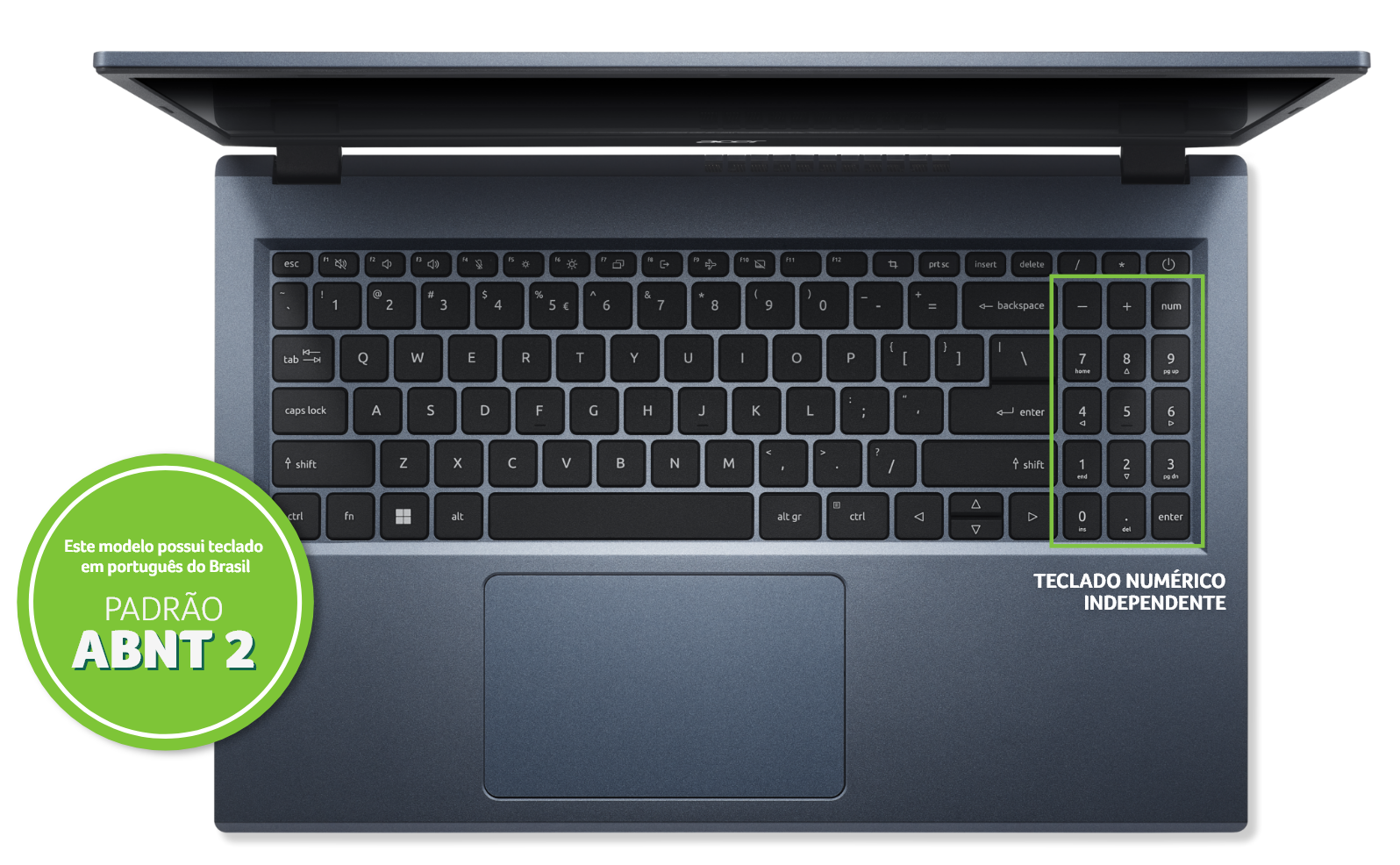 Notebook Acer Aspire 3 visto de cima, com destaque no visual do teclado numérico independente.