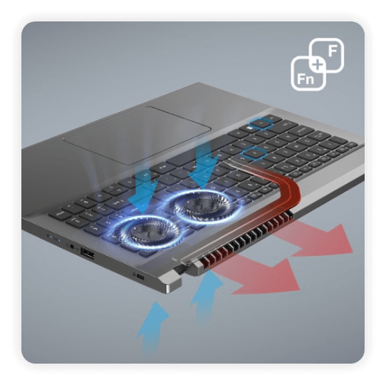 Parte inferior do notebook Acer Aspire 5 mostrando ventoinhas e circulação de ar com setas vermelhas e azuis.