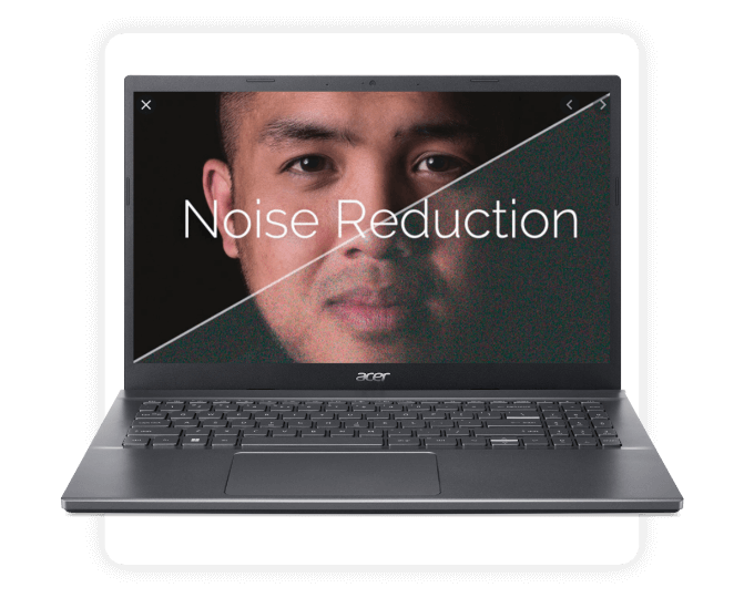 Notebook Acer Aspire 5 de frente com foto de rosto de homem oriental na tela, que está dividida indicando o noise reduction. 