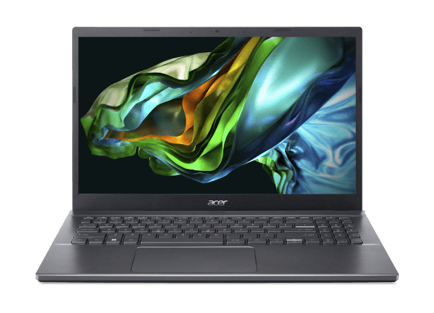 Notebook Acer Aspire 5 de frente com imagem abstrata na tela nas cores laranja, verde e azul.