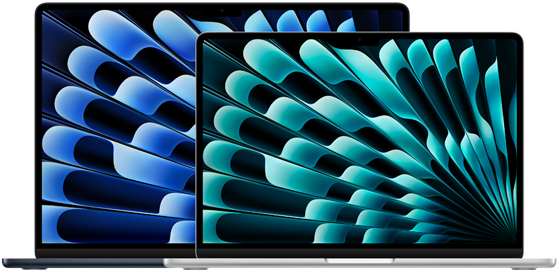 Imagem frontal dos modelos de 13 e 15 polegadas do MacBook Air que mostra o tamanho das telas (medidas na diagonal)