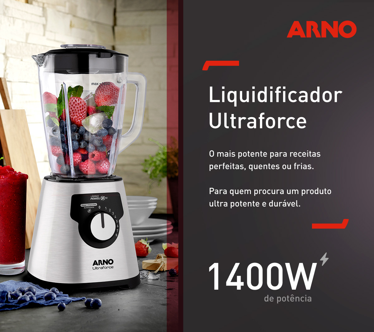 Arno. Liquidificador Ultraforce. O mais potente para receitas perfeitas, quentes ou frias. Para quem procura um produto ultra potente e durável. 1400W de potência.