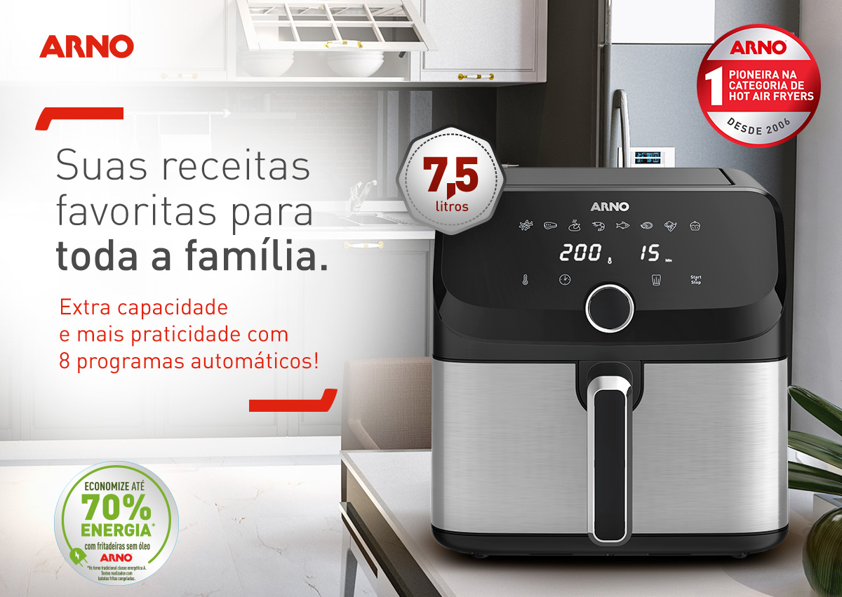 Fritadeira sem óleo Arno Air Fry Mega Digital 7,5L AFD7. Suas receitas favoritas para toda a família. Extra capacidade e mais praticidade com 8 programas automáticos!