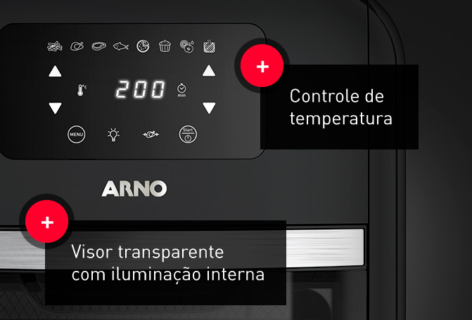 Máxima conveniência. Cozimento personalizável, com controle de temperatura, de 40ºC a 200ºC, e timer de até 60 min. Controle de temperatura. Visor transparente com iluminação interna.