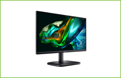 Monitor Acer visto de frente e à direita. Tela com imagem abstrata em formato de onda verde.