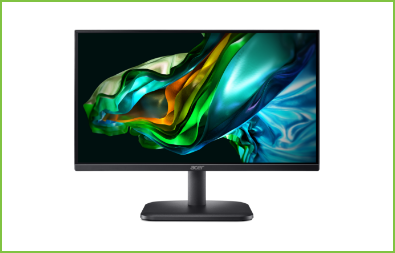 Monitor Acer visto de frente. Tela com imagem abstrata em formato de onda verde.