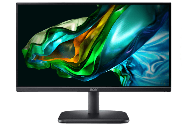 Monitor Acer visto de frente. Tela com fundo colorido e abstrato e a palavra Acer em branco ao centro.