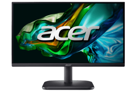 Monitor Acer visto de frente. Tela com fundo abstrato colorido e logo acer em branco e ao centro.