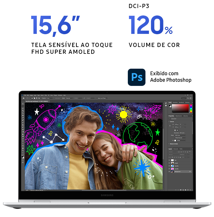 Vista frontal do Galaxy Book4 360 cinza, aberto e virado para a frente com o aplicativo Adobe Photoshop aberto em tela cheia. Uma imagem de duas pessoas sorrindo está sendo editada com desenhos coloridos. O logotipo do Adobe Photoshop é exibido. TELA SENSÍVEL AO TOQUE FHD SUPER AMOLED de 15,6 polegadas. 120 por cento de VOLUME DE COR de cor DCI P3.