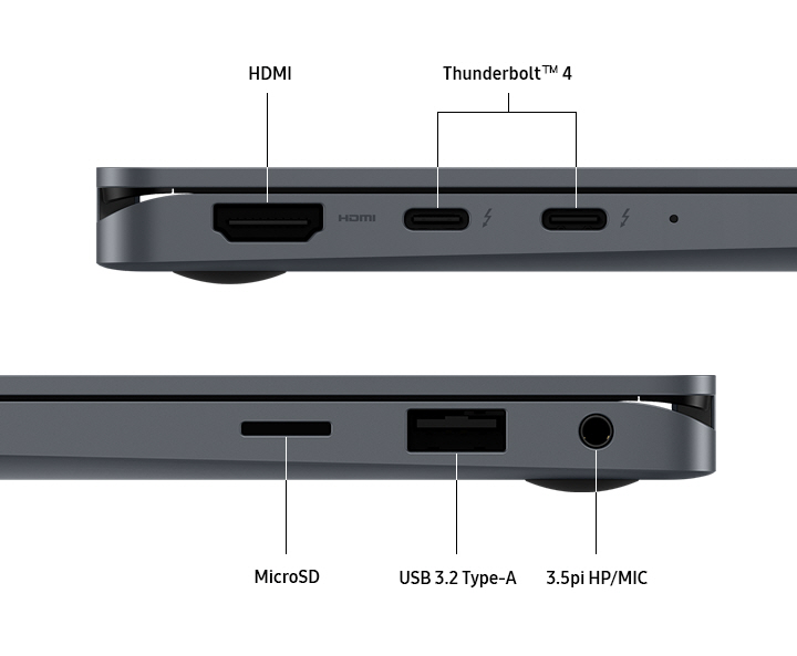 Dois dispositivos Galaxy Book4 360 na cor cinza estão posicionados na lateral esquerda e direita para destacar o layout das portas. As portas são rotuladas como HDMI. THUNDERBOLT 4. MICRO SD. USB-A 3.2. 3.5PI HP/MIC.