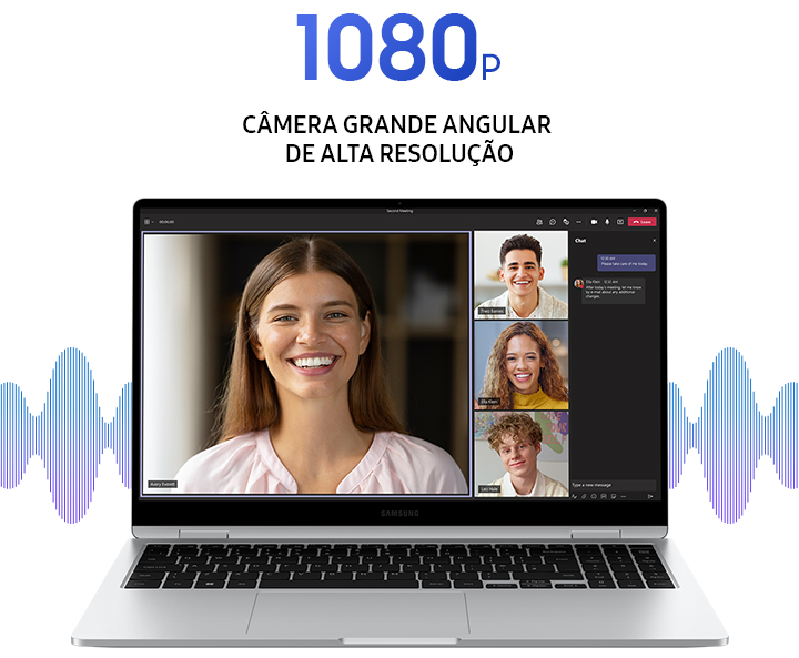 Vista frontal do Galaxy Book4 360 cinza, aberto e voltado para a frente com o aplicativo Microsoft Teams aberto em tela cheia e quatro pessoas mostradas em uma chamada de vídeo. CÂMERA GRANDE ANGULAR DE ALTA RESOLUÇÃO 1080p.