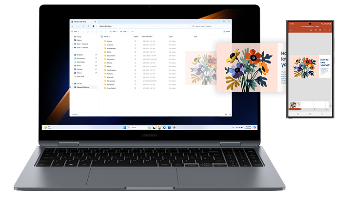 Galaxy Book4 360 Cinza e Galaxy S24 Ultra colocados lado a lado. Uma apresentação colorida, aberta no aplicativo Microsoft PowerPoint no Galaxy S24 Ultra, está sendo acessada junto com outras pastas do Galaxy Book4 360 usando o Explorador de Arquivos.