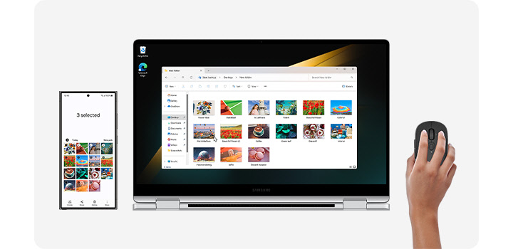 'O Galaxy S24 Ultra e o Galaxy Book4 360 colocados lado a lado. As imagens selecionadas na tela do Galaxy S24 Ultra são copiadas para uma pasta no Galaxy Book4 360 usando o mesmo mouse para operar os dois dispositivos.