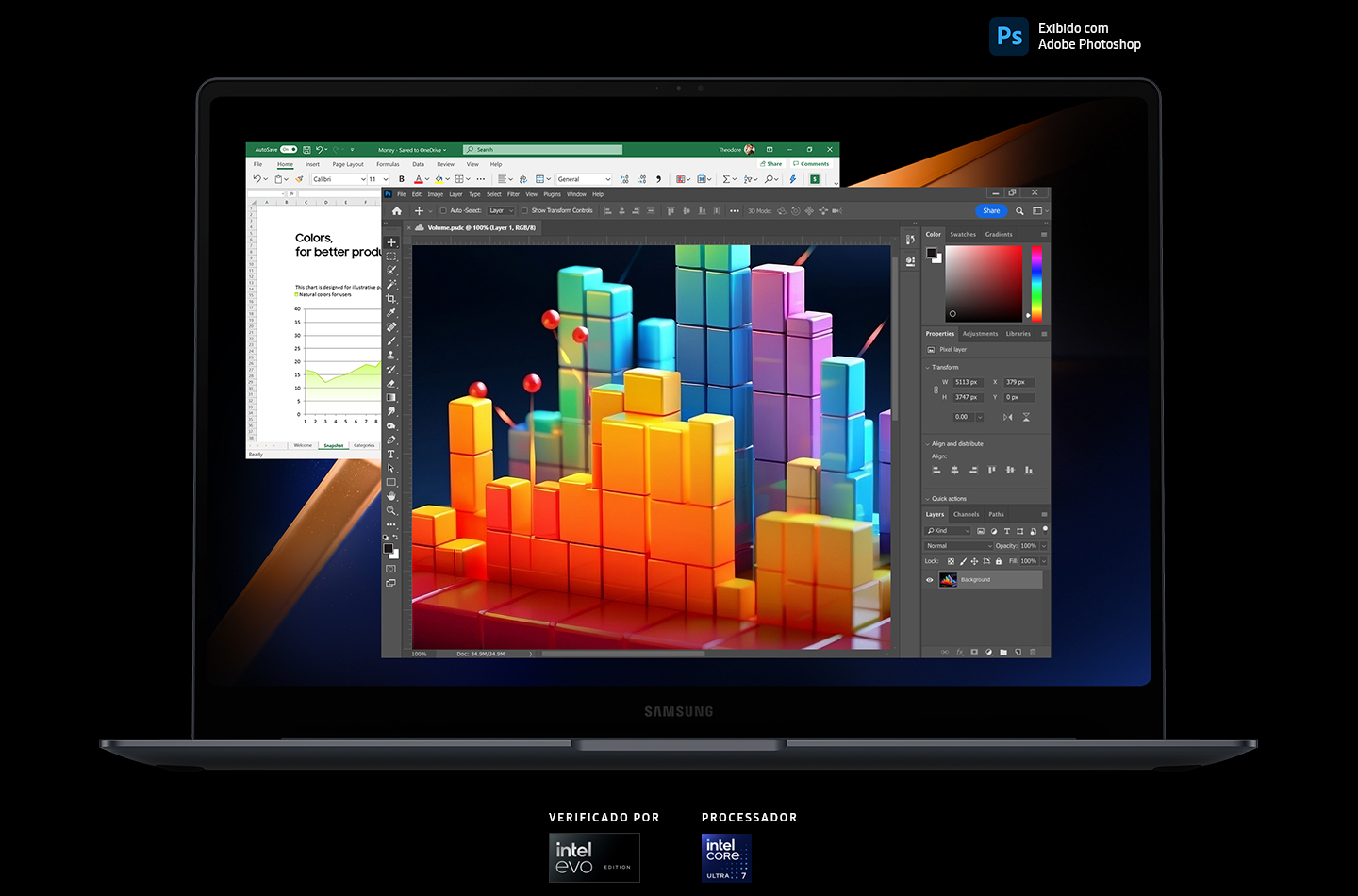 O Galaxy Book4 Pro na cor cinza está aberto, voltado para a frente com as janelas dos aplicativos Adobe Photoshop e Microsoft Excel abertas na tela. São mostrados os logotipos do Adobe Photoshop, VERIFICADO POR Intel Evo Edition e dos PROCESSADORES Intel Core Ultra 5 e Intel Core Ultra 7.