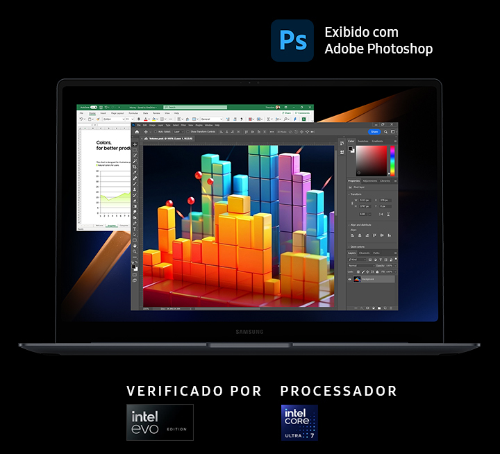 O Galaxy Book4 Pro na cor cinza está aberto, voltado para a frente com as janelas dos aplicativos Adobe Photoshop e Microsoft Excel abertas na tela. São mostrados os logotipos do Adobe Photoshop, VERIFICADO POR Intel Evo Edition e dos PROCESSADORES Intel Core Ultra 5 e Intel Core Ultra 7.