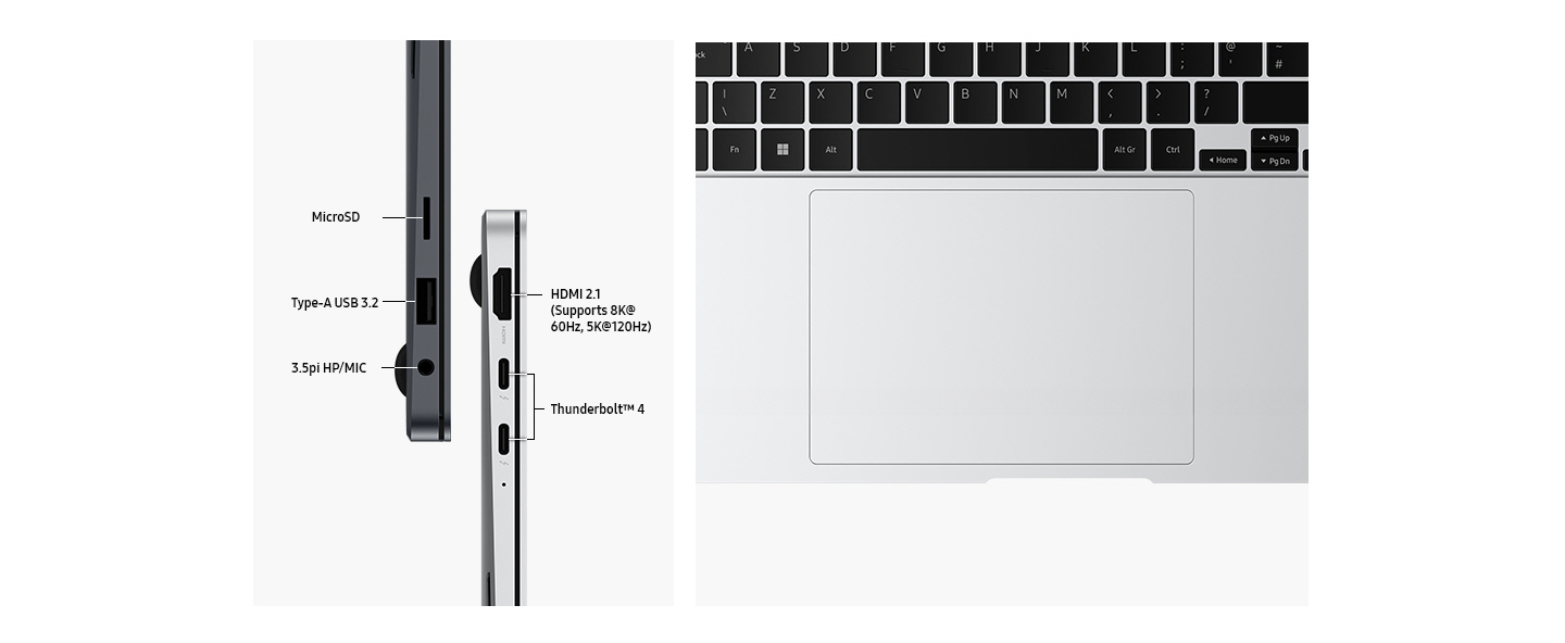 Dois dispositivos Galaxy Book4 Pro, um cinza e outro cinza, estão posicionados na lateral esquerda e direita para destacar o layout das portas. As portas são identificadas como MICRO SD. USB-A 3.2. 3.5PI HP/MIC. HDMI 2.1 (suporta 8K a 60 Hz, 5K a 120 Hz). THUNDERBOLT 4. Imagem aproximada de cima do touchpad e da área do teclado de um Galaxy Book4 Pro cinza.