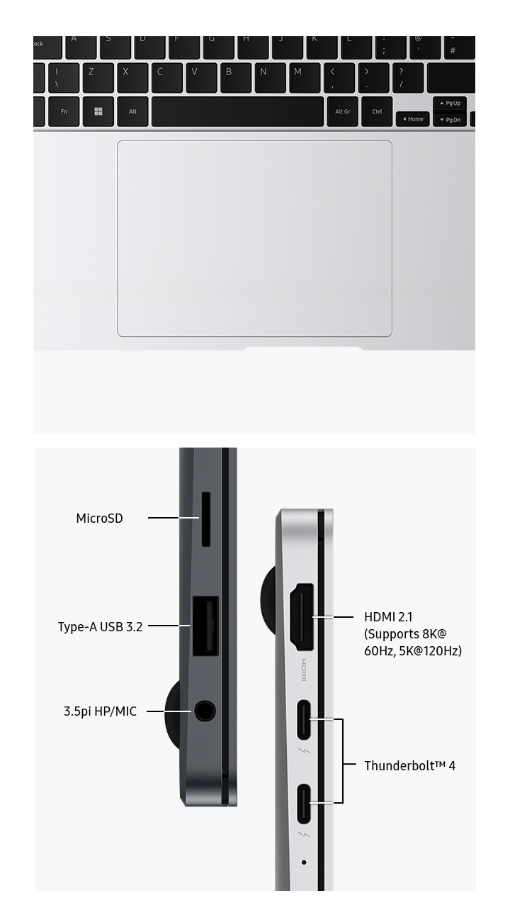 Dois dispositivos Galaxy Book4 Pro, um cinza e outro cinza, estão posicionados na lateral esquerda e direita para destacar o layout das portas. As portas são identificadas como MICRO SD. USB-A 3.2. 3.5PI HP/MIC. HDMI 2.1 (suporta 8K a 60 Hz, 5K a 120 Hz). THUNDERBOLT 4. Imagem aproximada de cima do touchpad e da área do teclado de um Galaxy Book4 Pro cinza.