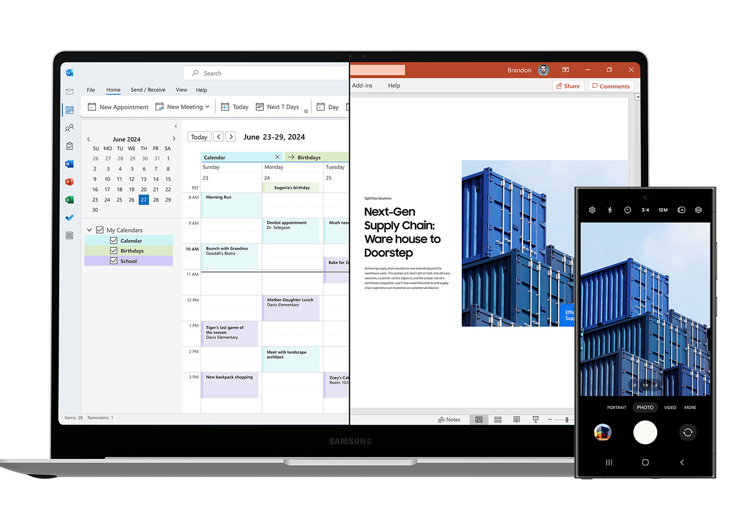 O Galaxy Book4 Pro cinza com os aplicativos Calendário do Microsoft Outlook e Microsoft PowerPoint abertos na tela e o Galaxy S24 Ultra posicionados lado a lado. Uma foto de armazéns no aplicativo Câmera do Galaxy S24 Ultra é copiada e colada no arquivo de apresentação aberto no Galaxy Book4 Pro para destacar o ecossistema entre dispositivos.