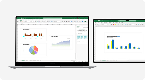 Uma planilha do Microsoft Excel está aberta na tela do Galaxy Book4 Pro e a tela é estendida no Galaxy Tab S9 Ultra para destacar a experiência de monitor duplo com o Second Screen.