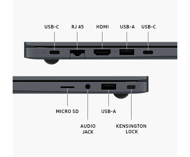 Dois dispositivos Galaxy Book4 Cinza estão posicionados na lateral esquerda e direita para destacar o layout das portas. As portas são identificadas como USB-C. RJ 45. HDMI. USB-A. MICRO SD. ENTRADA/SAÍDA DE ÁUDIO. TRAVA KENSINGTON.