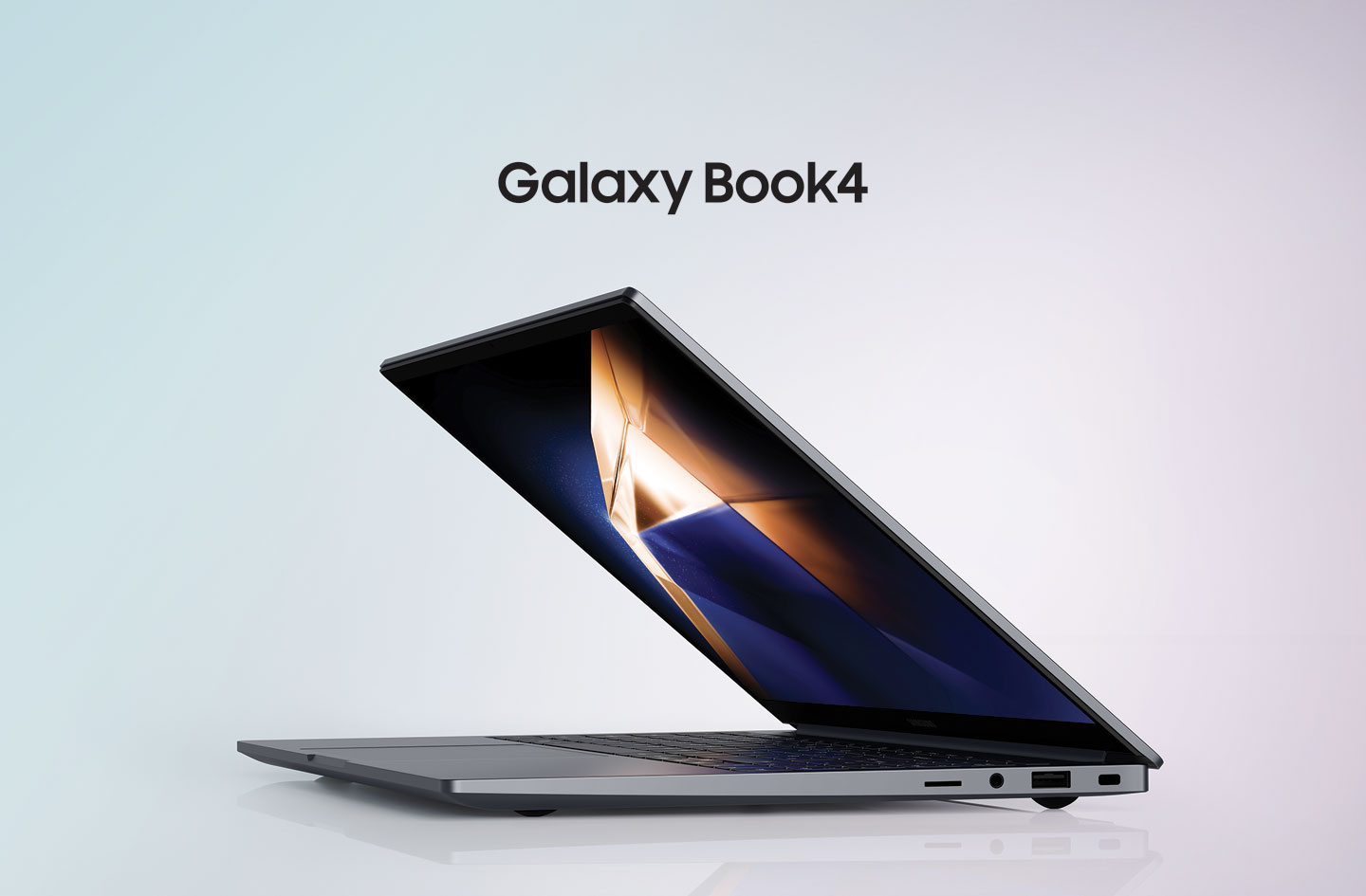 O Galaxy Book4 cinza está aberto até a metade, voltado para a esquerda com um papel de parede verde-escuro e amarelo na tela.