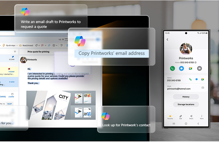 Galaxy Book4 e Galaxy S24 Ultra colocados lado a lado. As informações de contato mostradas no Galaxy S24 Ultra são usadas no Galaxy Book4 para enviar uma mensagem ao contato usando prompts de chat da AI personalizada do Copilot.