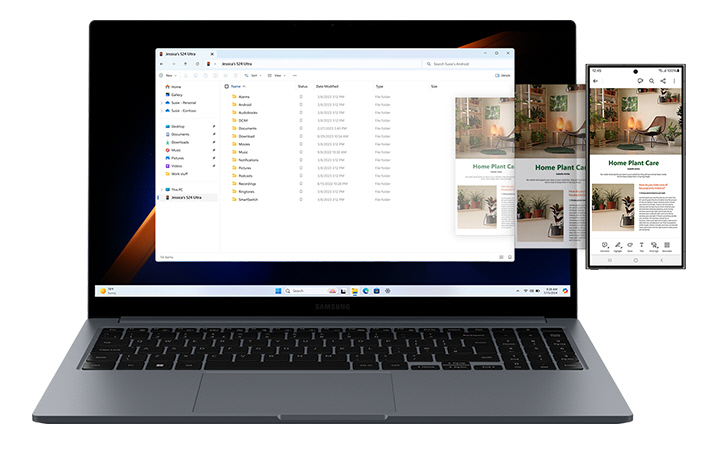 Galaxy Book4 Cinza e Galaxy S24 Ultra colocados lado a lado. Um documento com imagens e texto aberto no aplicativo Adobe Acrobat no Galaxy S24 Ultra está sendo acessado juntamente com outras pastas do Galaxy Book4 usando o Explorador de Arquivos.