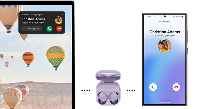 O Galaxy Buds2 Pro está emparelhado com o Galaxy Book4 e o Galaxy S24 Ultra. Uma tela de chamada recebida é exibida no Galaxy S24 Ultra e a notificação de chamada é exibida no Galaxy Book4. O áudio do Galaxy Buds2 Pro alterna automaticamente entre o notebook e o smartphone.