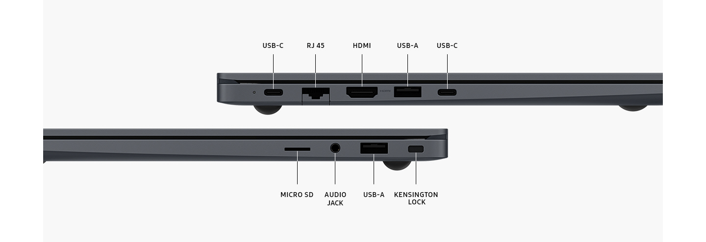 Dois dispositivos Galaxy Book4 Cinza estão posicionados na lateral esquerda e direita para destacar o layout das portas. As portas são identificadas como USB-C. RJ 45. HDMI. USB-A. MICRO SD. ENTRADA/SAÍDA DE ÁUDIO. TRAVA KENSINGTON.