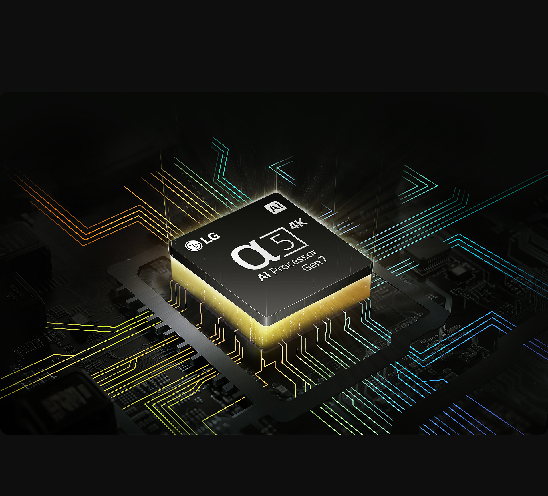Processador alpha da LG com uma luz amarela emanando por baixo, e linhas coloridas de placa de circuito se ramificando a partir do processador.