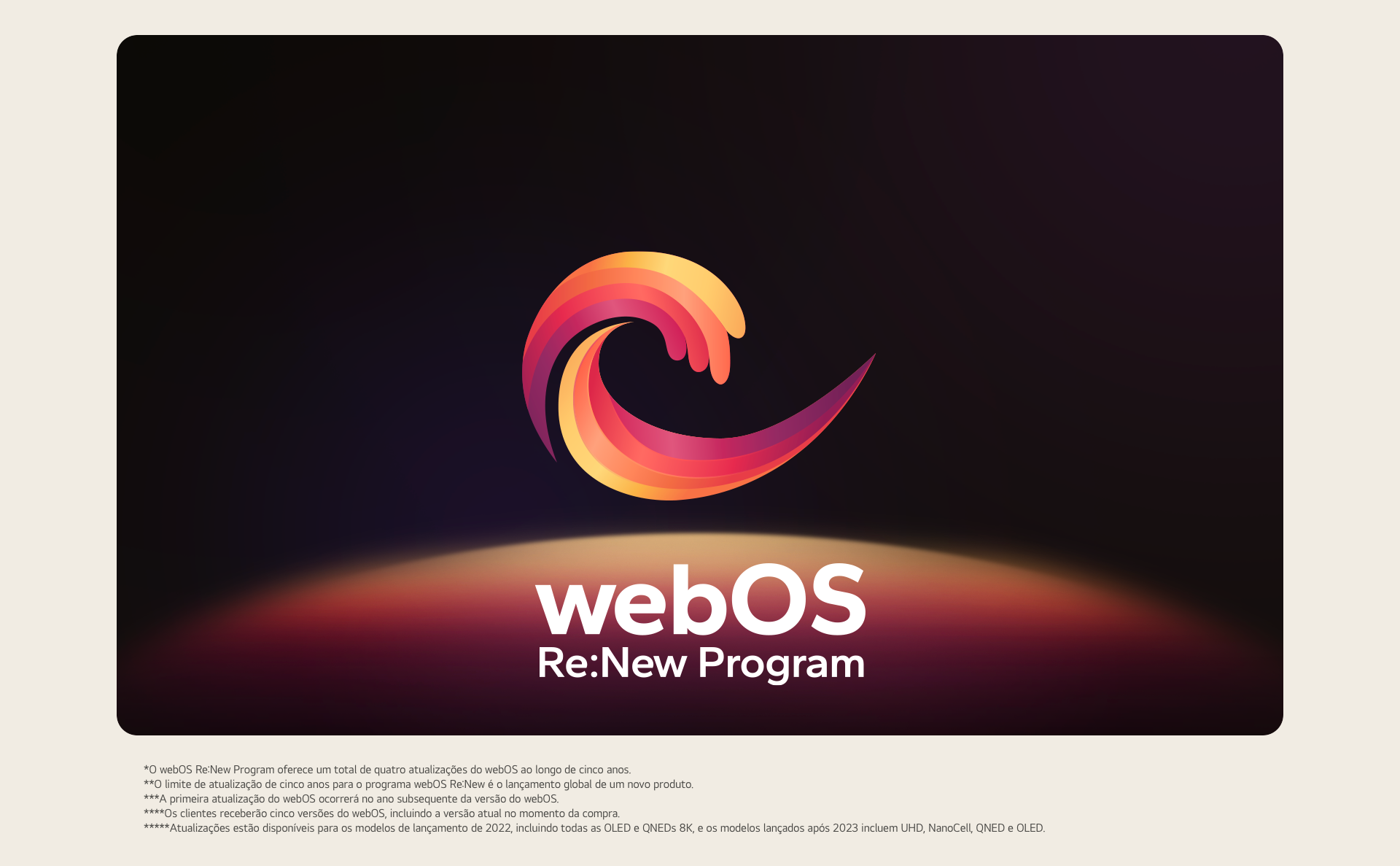 Logotipo do webOS Re:New Program apresentado sobre um fundo preto com a parte superior de uma esfera azul e roxa na parte inferior. 