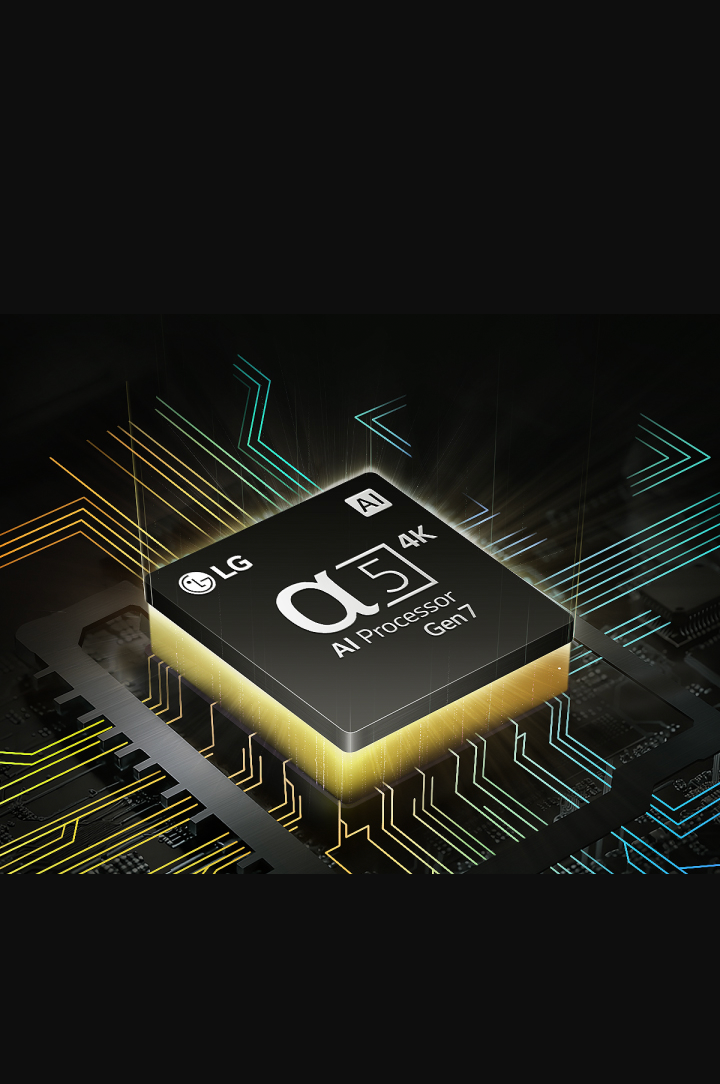 Processador alpha da LG com uma luz amarela emanando por baixo, e linhas coloridas de placa de circuito se ramificando a partir do processador.
