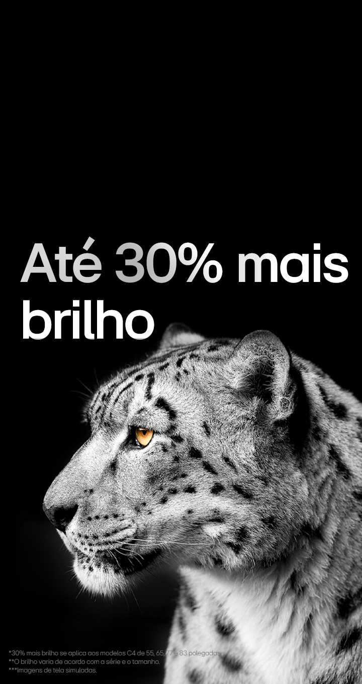 Leopardo branco mostrando a lateral da sua face no lado esquerdo da imagem. A frase `Até 30% mais brilho` aparece à esquerda.