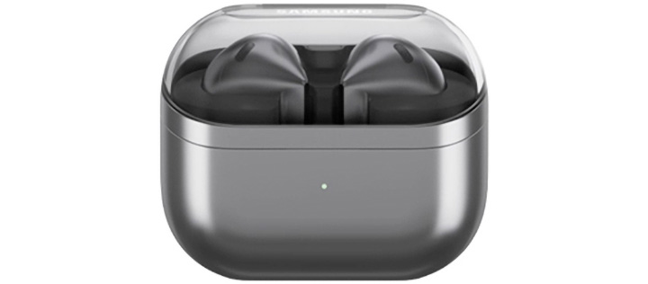 Um par de fones de ouvido Galaxy Buds3 na cor cinza paira e circula em torno um do outro, depois desliza lentamente para dentro de um estojo aberto do Galaxy Buds3.