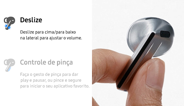 Deslize: Um dedo desliza pela lateral de um único fone de ouvido Galaxy Buds3 na cor cinza.