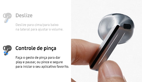 Controle de pinça: Um dedo faz o gesto de pinça na lateral de um único fone de ouvido Galaxy Buds3 na cor cinza.