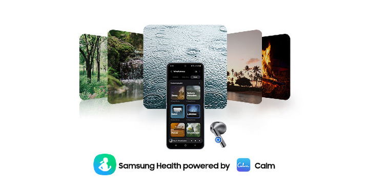 Um Galaxy Z Flip6 é aberto com um único fone de ouvido Galaxy Buds3 à direita e os ícones dos aplicativos Samsung Health e Calm abaixo dos dois dispositivos. Em segundo plano, há uma imagem horizontal de um escritório que muda para cinco imagens da natureza uma vez que o aplicativo Mindfulness é aberto. Da esquerda para a direita, há uma imagem de árvores, um rio, gotas de chuva caindo e criando uma poça, palmeiras em uma ilha e uma fogueira.