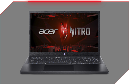 Notebook Acer Nitro 5 vista traseira e à esquerda, tampa semi-aberta, teclado iluminado em vermelho.