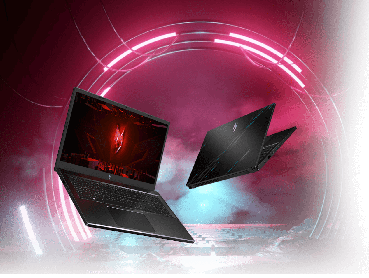 Dois Notebooks Acer Nitro 5 parecem estar flutuando, um visto de frente à esquerda e outro de costas.