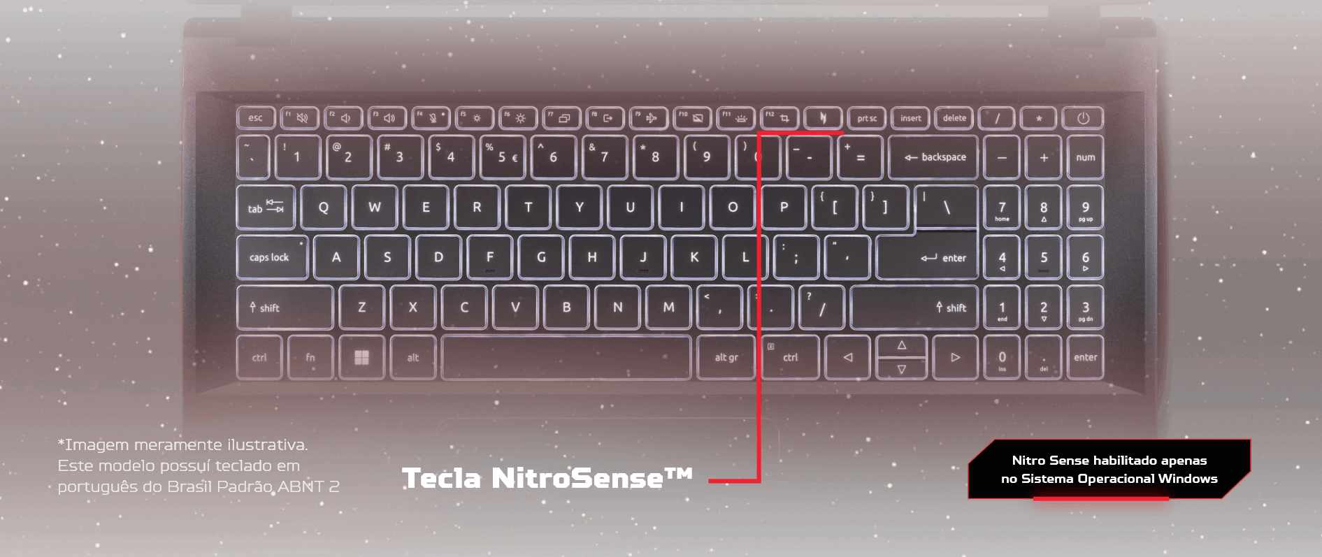 Teclado do notebook Acer Nitro com a tecla nitro sense em destaque.