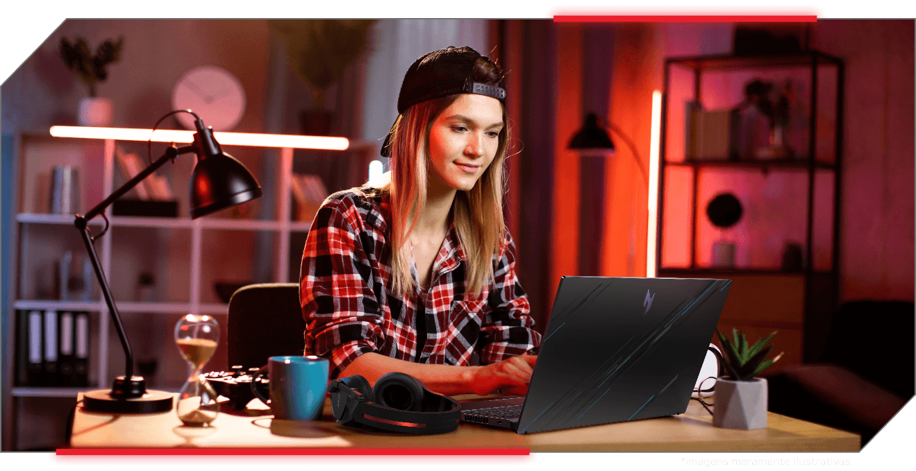 Garota de boné em sua mesa usando o notebook Acer Nitro.