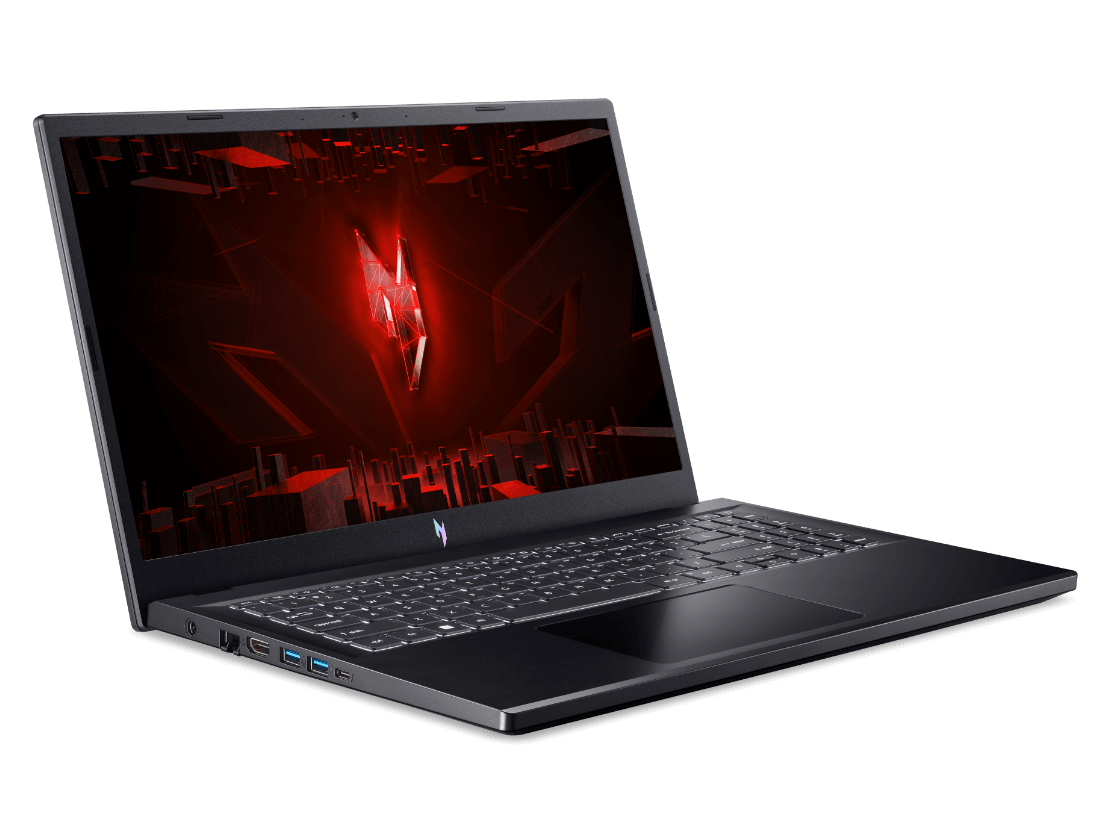 Notebook Acer Nitro 5 com desenho de cristais vermelhos na tela.