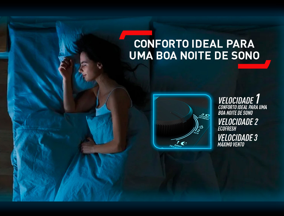 CONFORTO IDEAL PARA UMA BOA NOITE DE SONO. VELOCIDADE 1 CONFORTO IDEAL PARA UMA BOA NOITE DE SONO. VELOCIDADE 2 ECOFRESH. VELOCIDADE 3 MÁXIMO VENTO