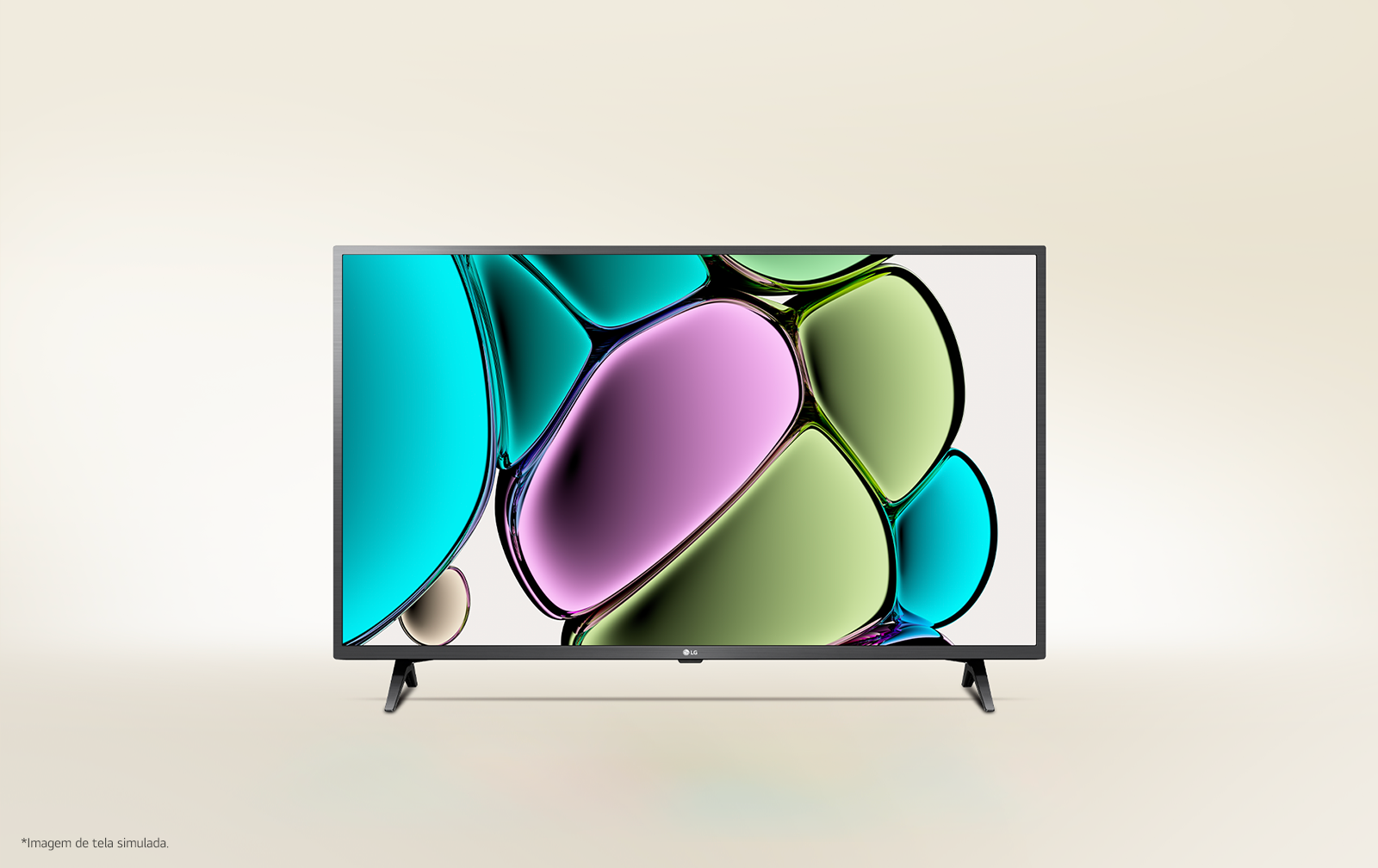 Uma arte de bolha com textura de vidro colorida com azul esverdeado, verde claro, violeta e marrom claro em uma TV LG FHD.