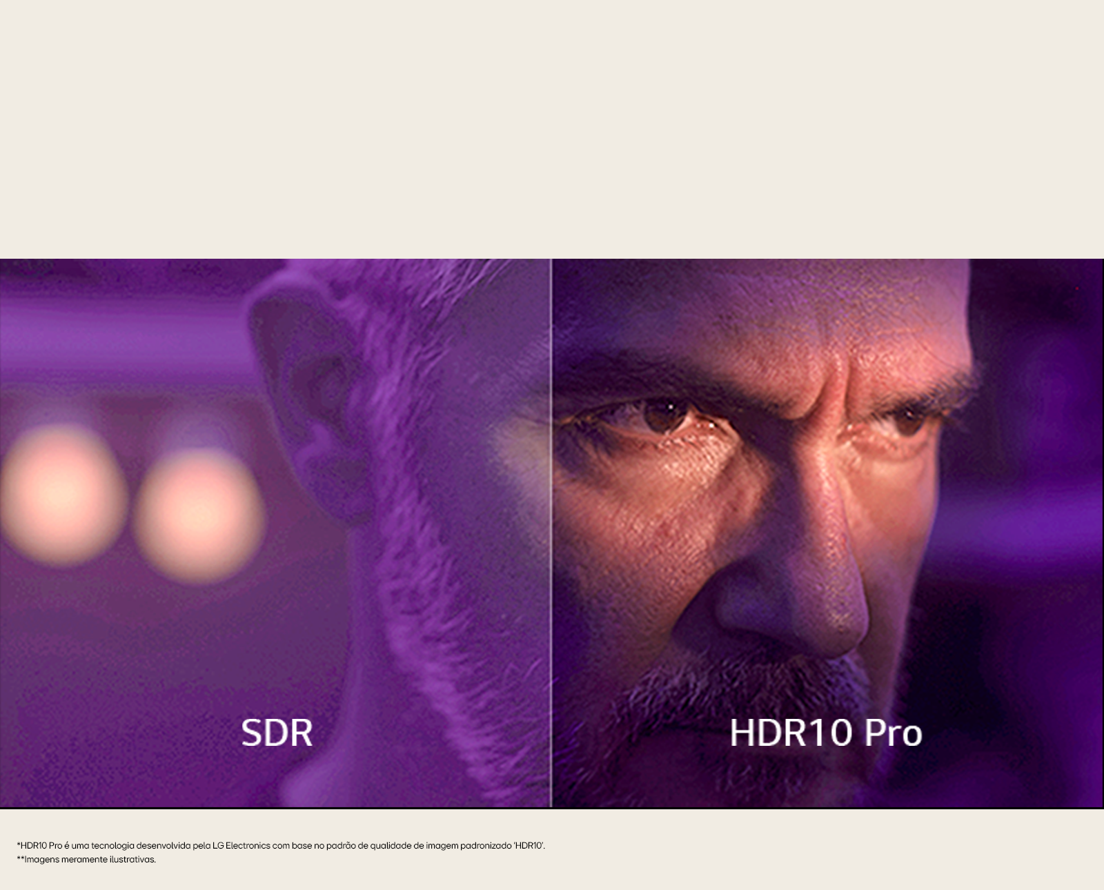 Uma imagem em close do rosto de um homem em tela dividida é mostrada em uma tela sombria e roxa. À esquerda, a imagem está desfocada com 'SDR' escrito em texto branco. À direita, a imagem é clara e bem definida com “HDR10 Pro” escrito em texto branco.