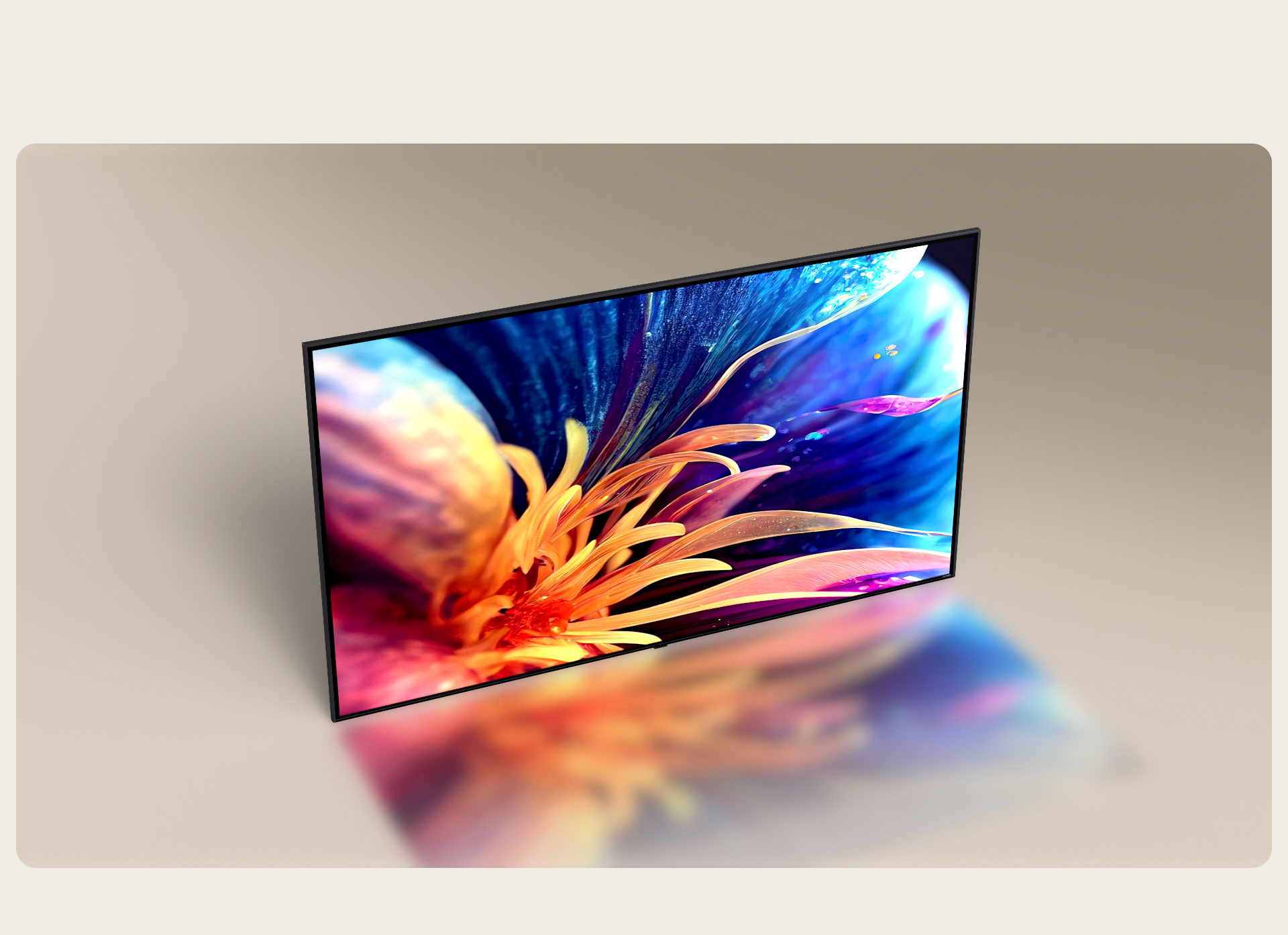  O vídeo começa com a LG TV Super Slim vista de cima, a partir de um ângulo de câmera elevado. O ângulo da câmera desliza para mostrar a frente da TV, exibindo a imagem de uma flor colorida e ampliada.