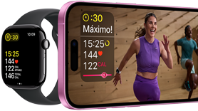 Métricas de exercício no Apple Watch Series 10 e no iPhone.