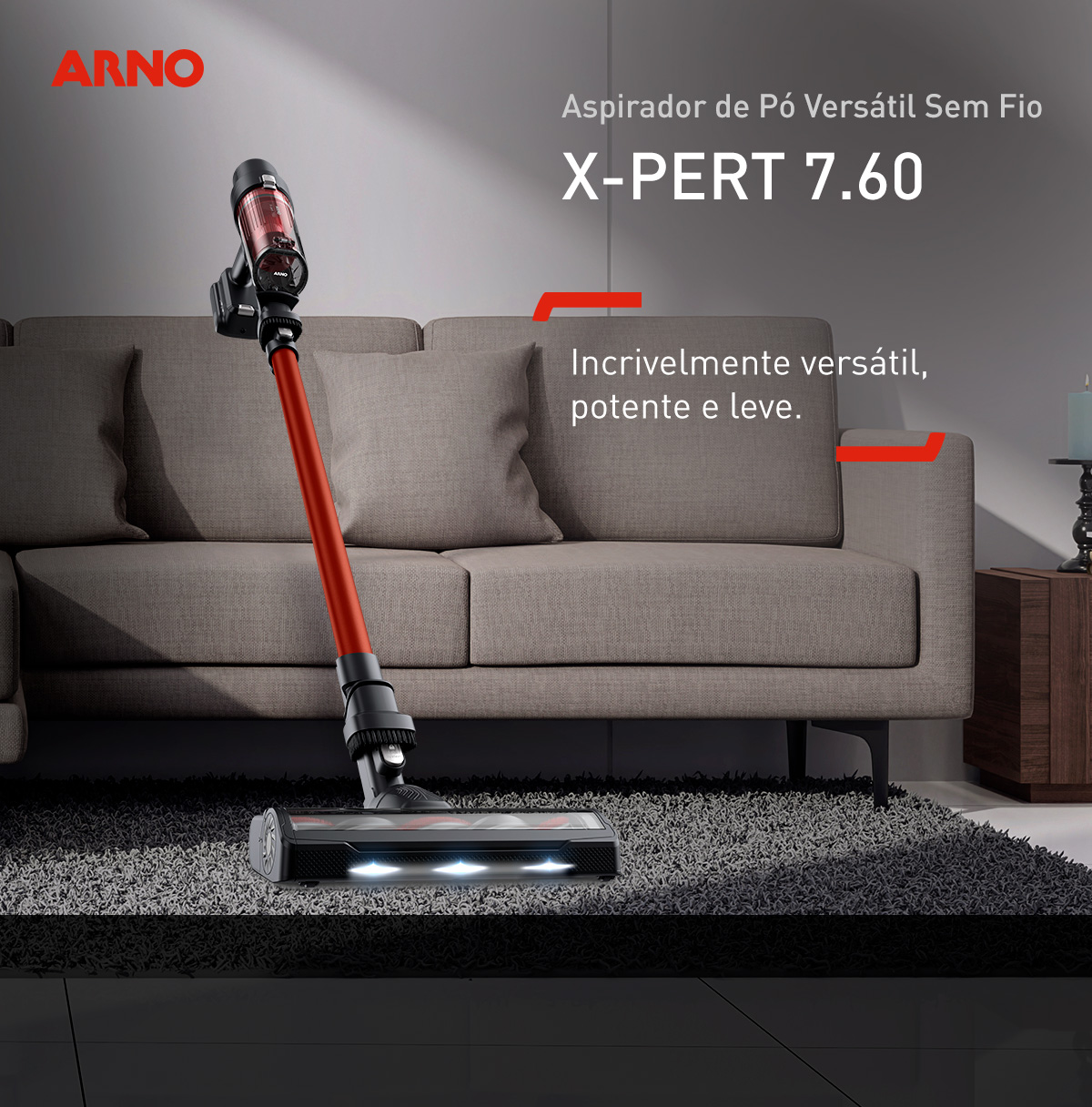 Aspirador de Pó Versátil Sem Fio X-PERT 7.60. Incrivelmente versátil, potente e leve. Aspirador de Pó Versátil Sem Fio Arno X-PERT 7.60, sua solução para uma limpeza completa e eficiente. Com apenas 1,2kg no formato aspirador de mão e 2kg no total, é incrivelmente leve e fácil de manusear. Oferece 140W de potência para alto poder de sucção, garantindo a remoção de sujeira de todos os cantos da casa.