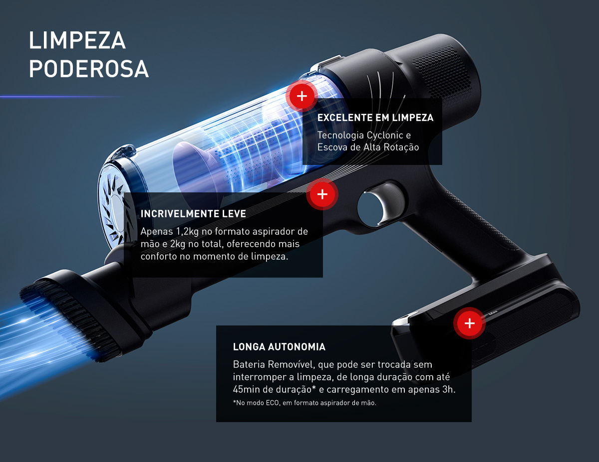 LIMPEZA PODEROSA. Longa autonomia. Bateria Removível, que pode ser trocada sem interromper a limpeza, de longa duração com até 45min de duração* e carregamento em apenas 3h. *No modo ECO, em formato aspirador de mão.Excelente em limpeza. Tecnologia Cyclonic e Escova de Alta Rotação.Incrivelmente leve. Apenas 1,2kg no formato aspirador de mão e 2kg no total, oferecendo mais conforto no momento de limpeza.