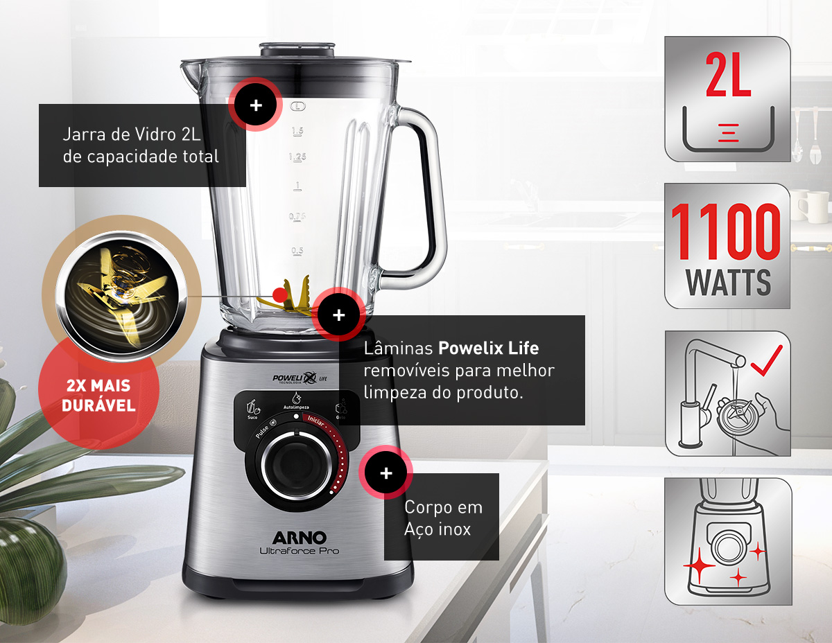 2x mais durável. Jarra de Vidro 2L de capacidade total. Lâminas Powelix Life removíveis para melhor limpeza do produto. Corpo em Aço inox